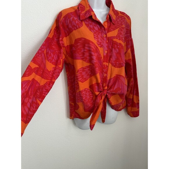 Scoop Women's Button Down Shirt Long Sleeve Linen Blend Size S Red Orange EUC - Picture 2 of 6